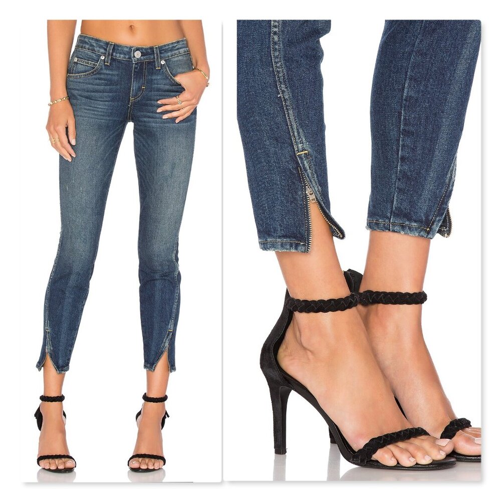 AMO Twist Zip Denim Jeans Womens 27 in Sapphire Blue Wash